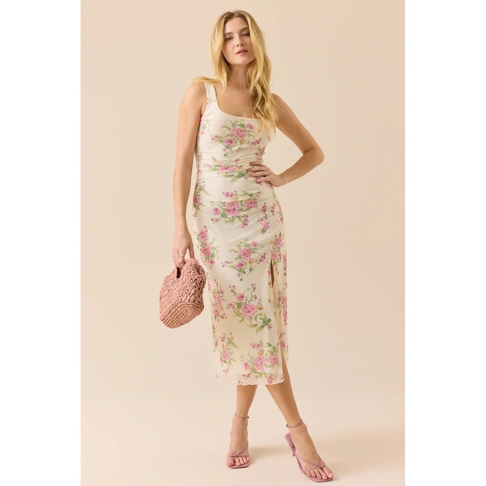 Altar'd State Ivory Floral Mesh Ruched Midi‎ Dress Sleeveless Size XS